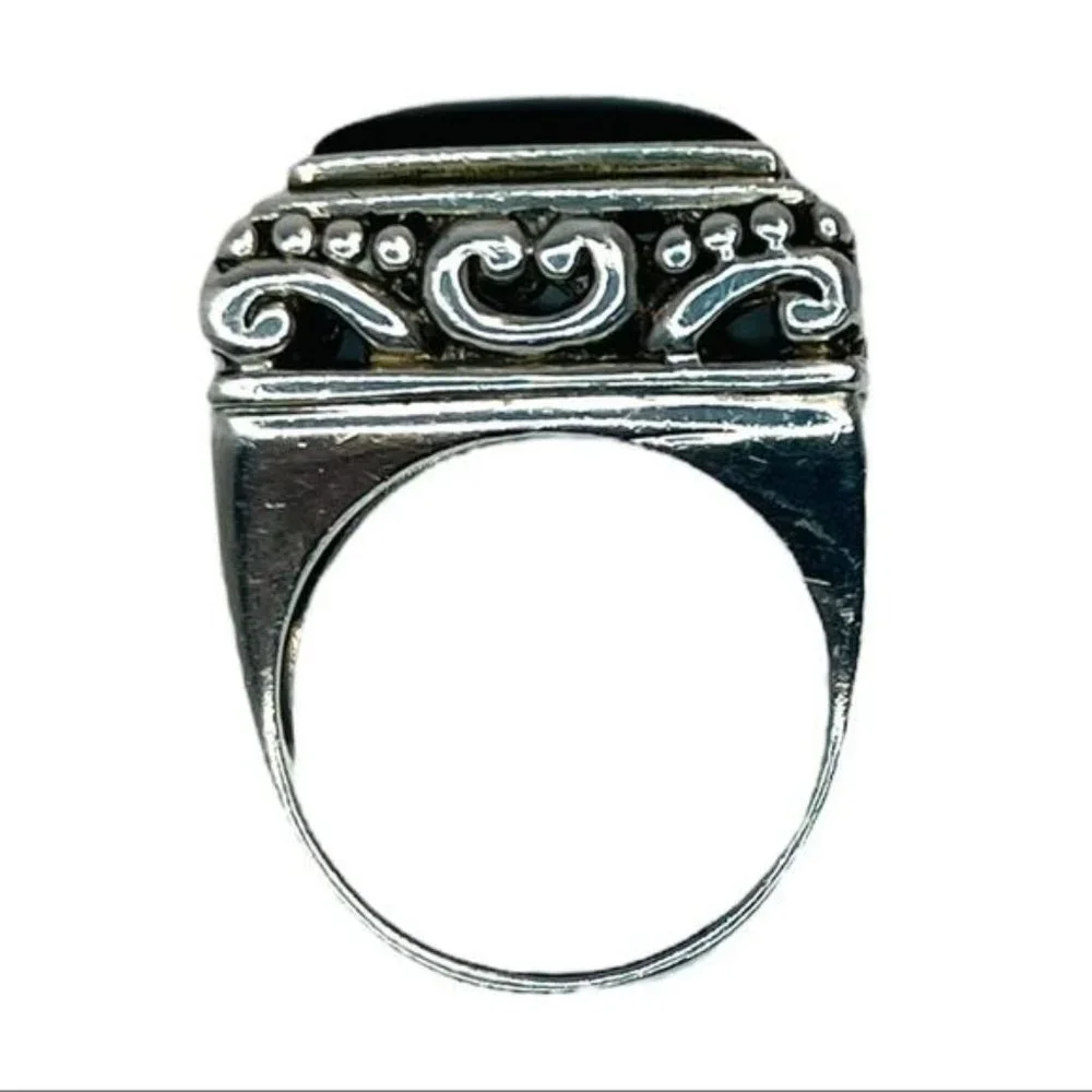 925 Thailand Silver Filigree Large Square Statement RingW/ Black Onyx Cabochon - Picture 1 of 13